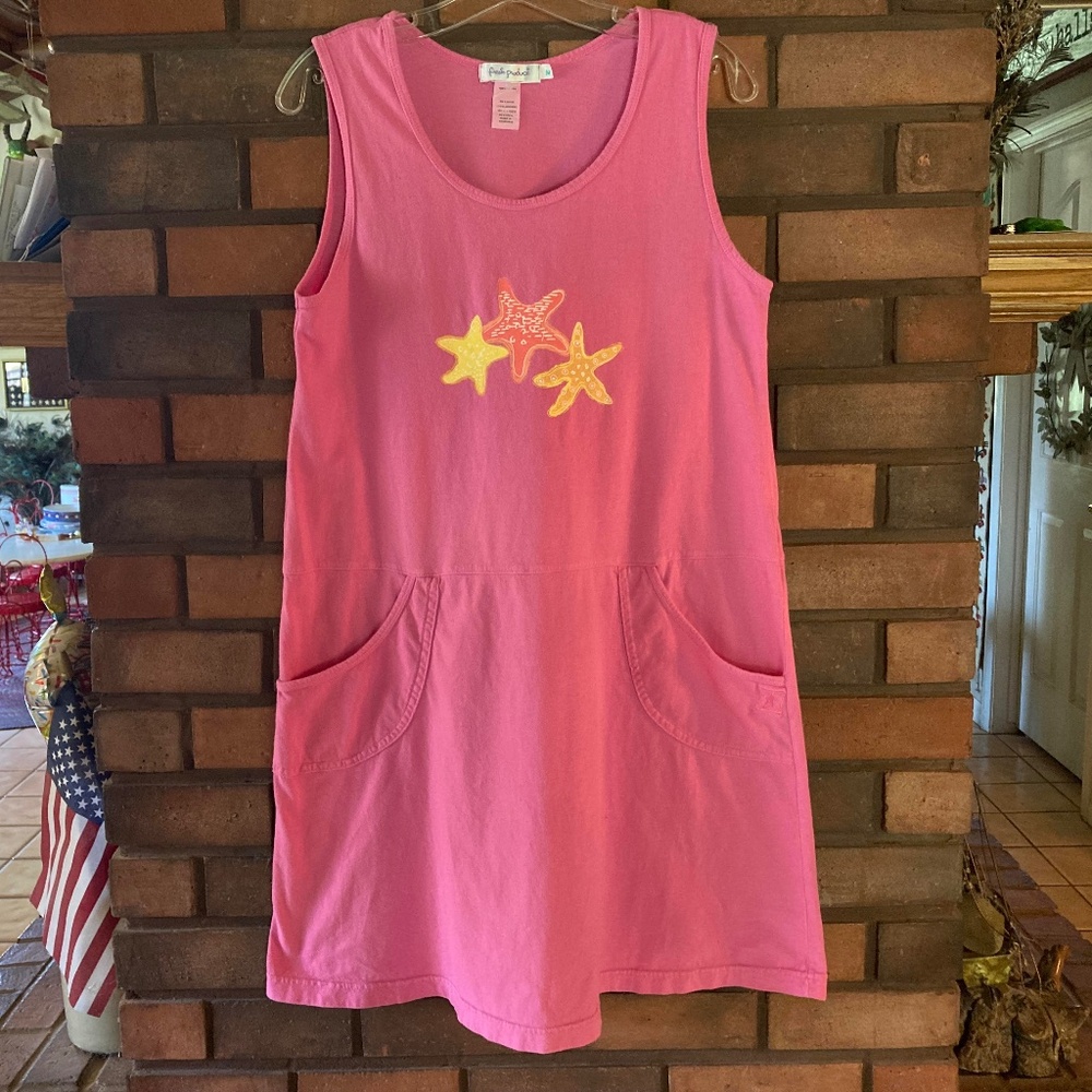 Vintage Fresh Produce Dress sz M PINK Cotton Sleeveless w/Pockets & Starfish